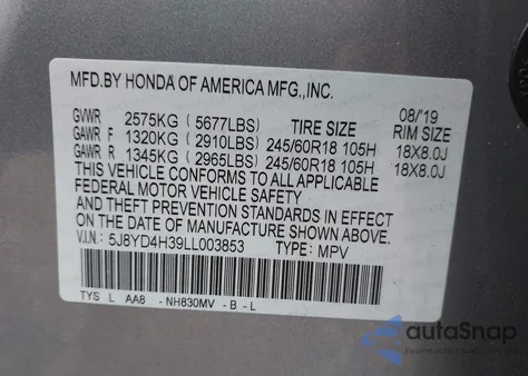 2020 Acura Mdx Standard из США, поврежденный, VIN 5J8YD4H39LL003853